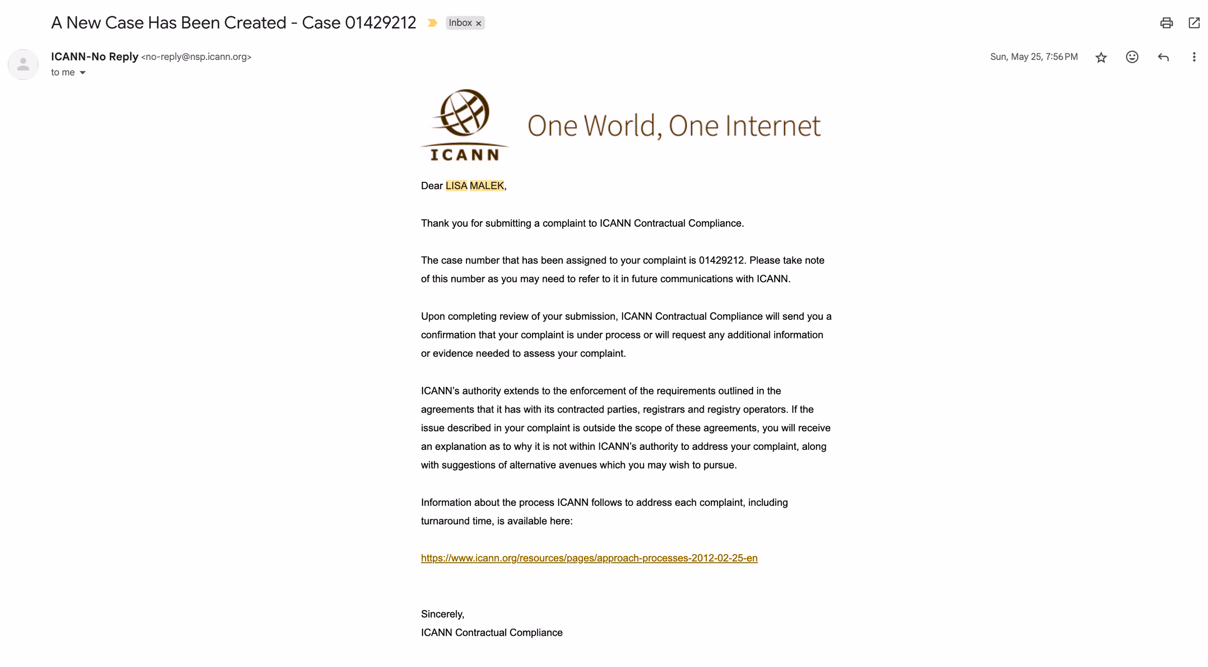 Capture intégrale de la création documentée d’un dossier ICANN