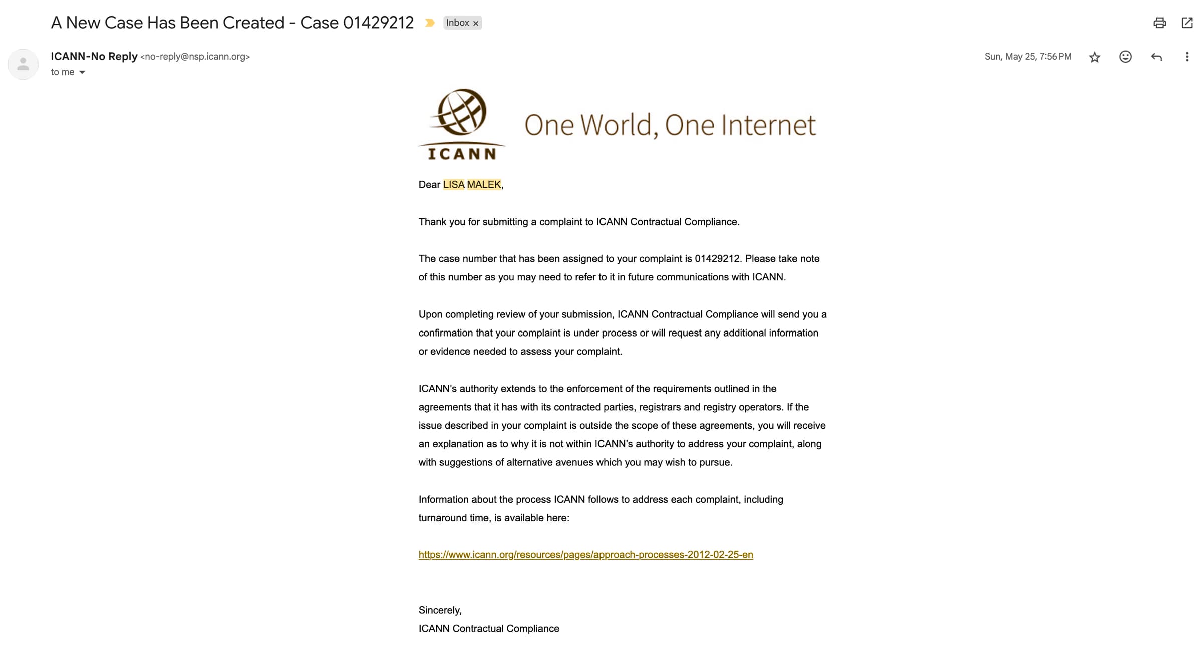 ICANN case created