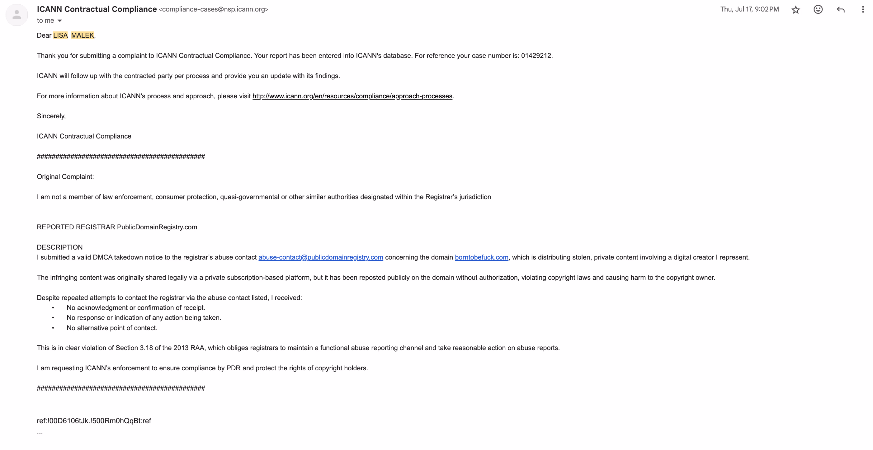 ICANN complaint details